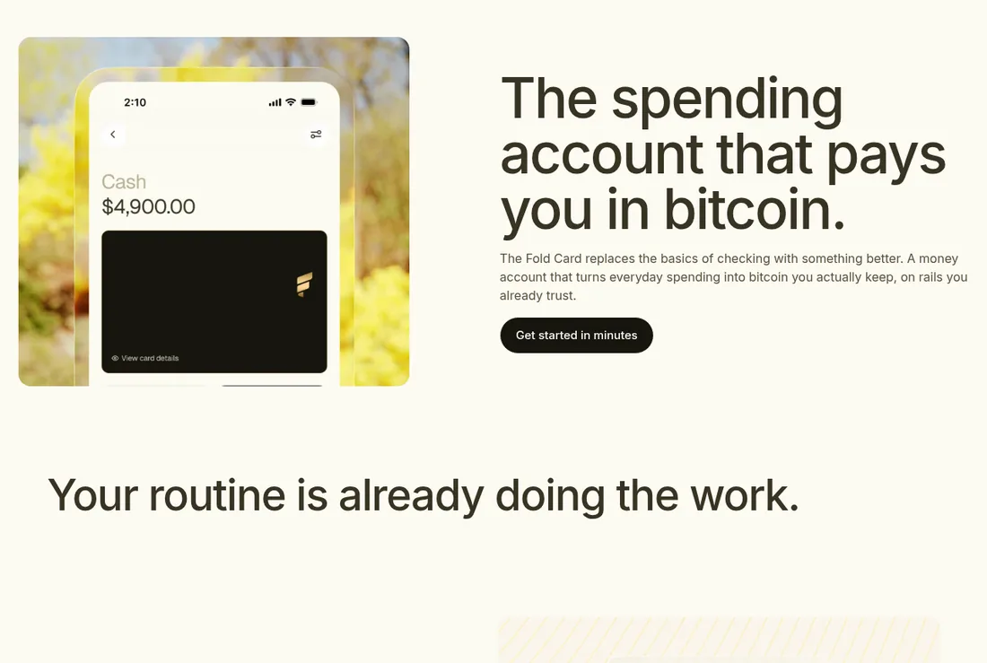 Fold's card page (foldapp.com, accessed 2026-10-05): a custodial exchange card - the spending account is issued by Lead Bank, bitcoin custody by BitGo [2][3].