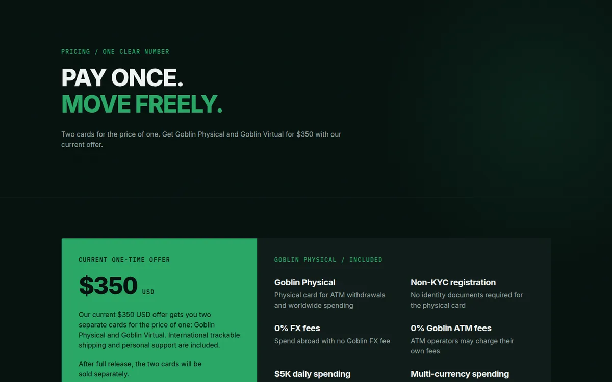 Screenshot: Goblin Card fees page