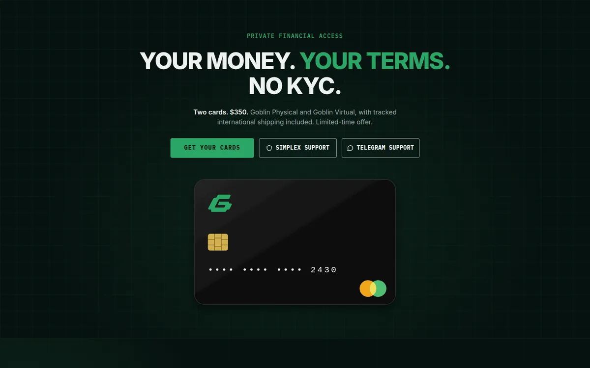 Screenshot: Goblin Card homepage
